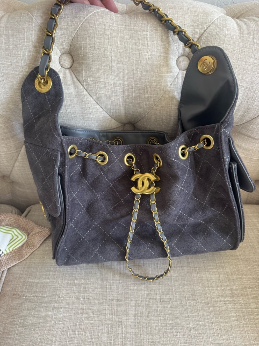 25 Hobo Charcoal Quilted Suede Drawstring Shoulder Bag with Gold Hardware